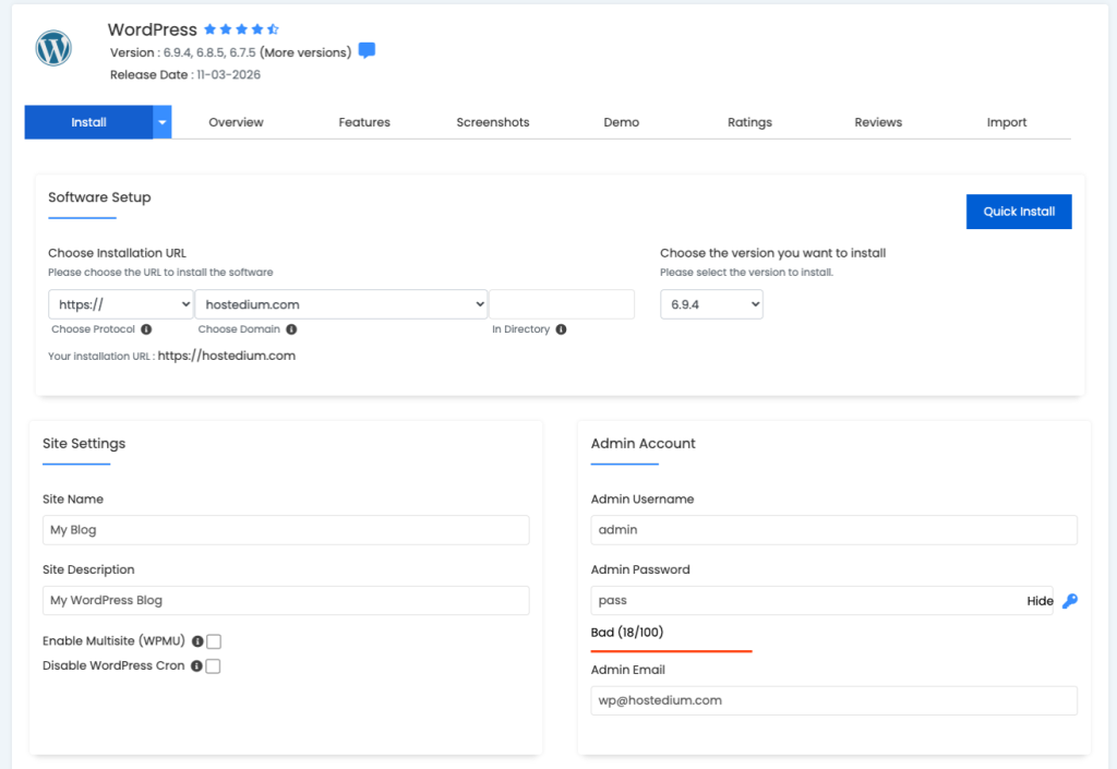 Wordpress Installation in Softaculous